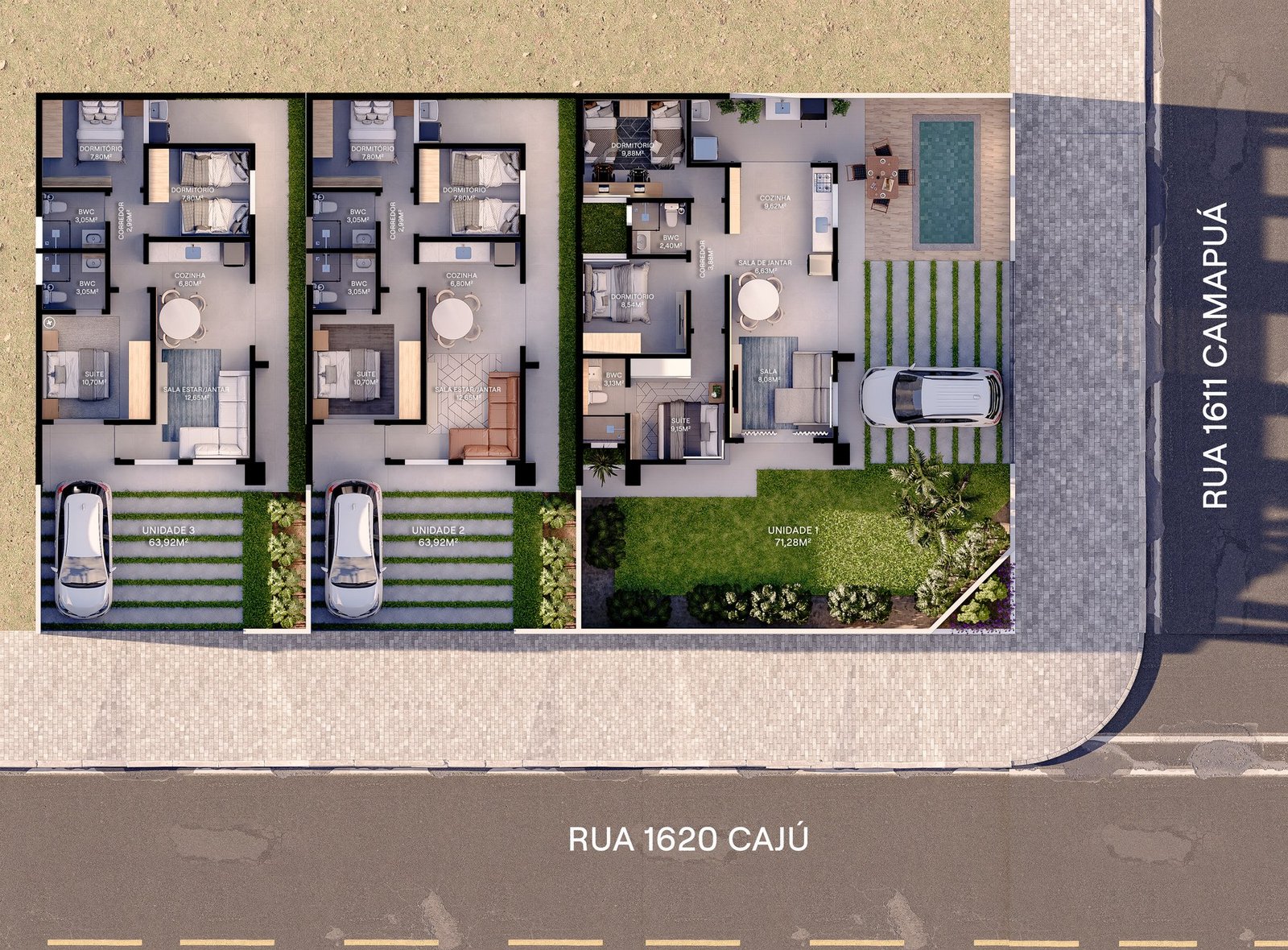 Planta humanizada das três unidades do Residencial Toronto
