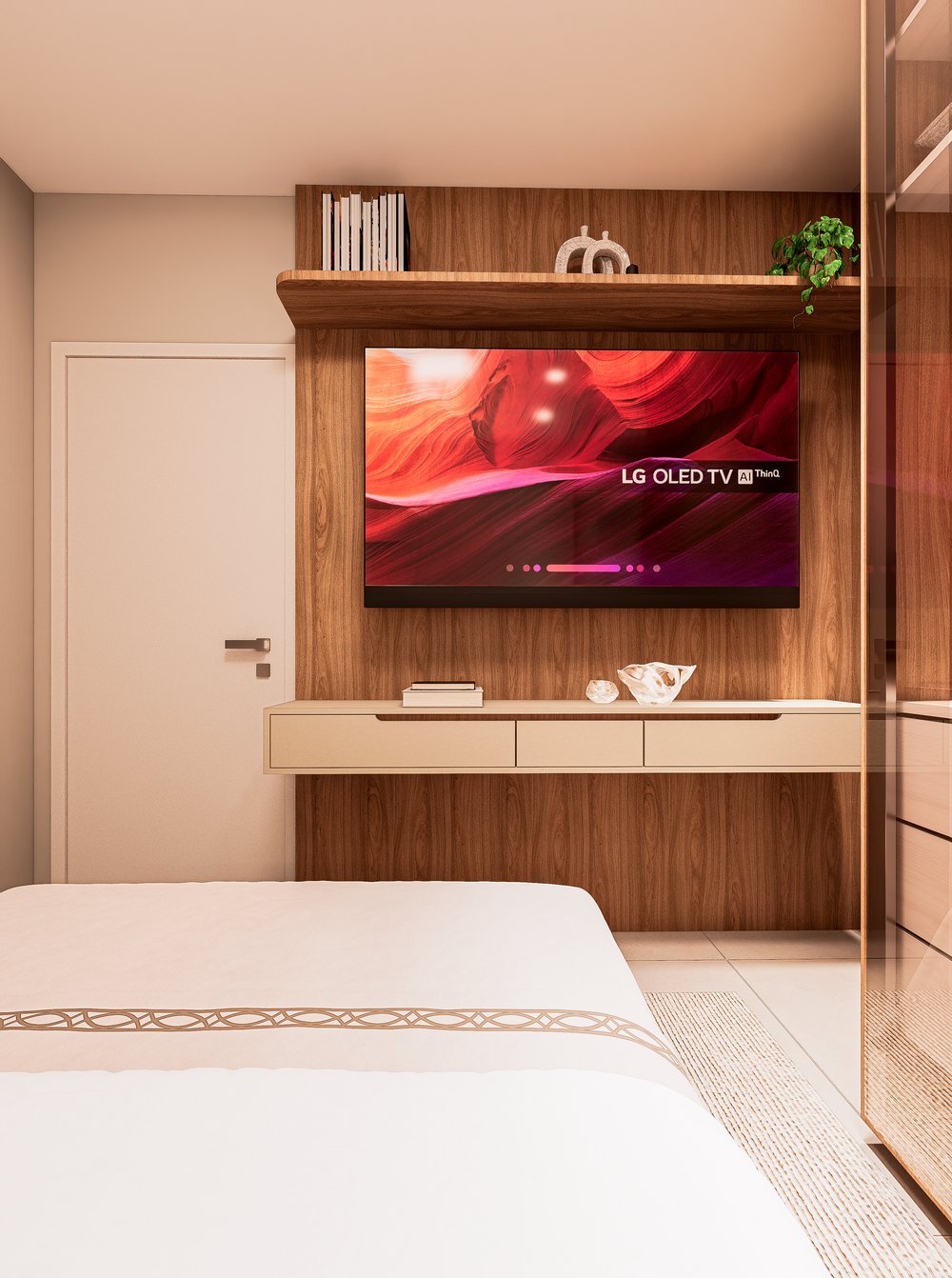 Quarto com painel de TV em madeira